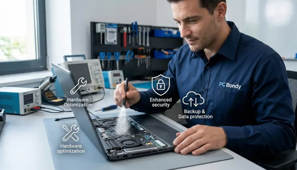 Technicien PC Bondy effectuant le nettoyage interne préventif d'un ordinateur portable sur un tapis antistatique.